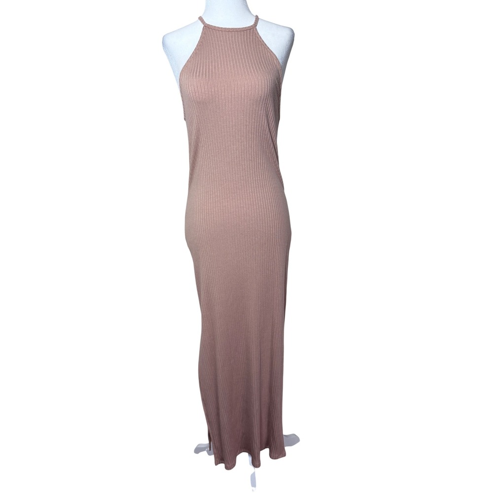 Rachel Pally Ribbed Modal Maxi Dress Camel High Neck Side Slit Stretch
